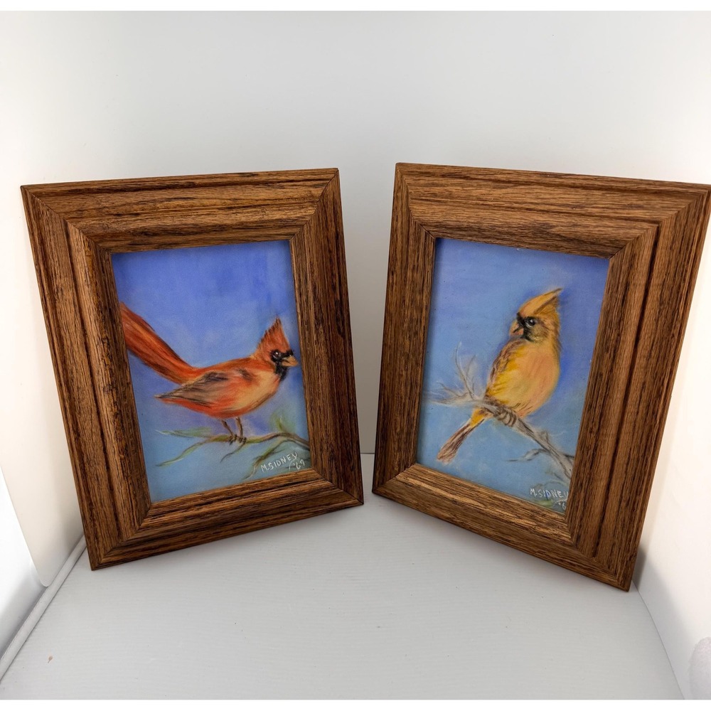 Vintage Pair Cardinals Pastel on Velour Paper Framed Signed Original Bird Art